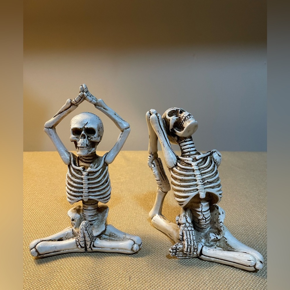 Set of 2 Resin Yoga Skeleton Figurines, 5” & 6” Tall, Halloween Decor
